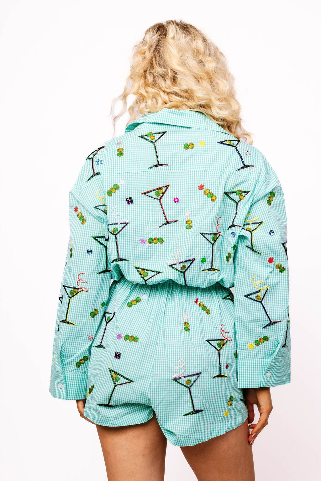 Queen of Sparkles Green & White Gingham Martini Button Up Tie Romper