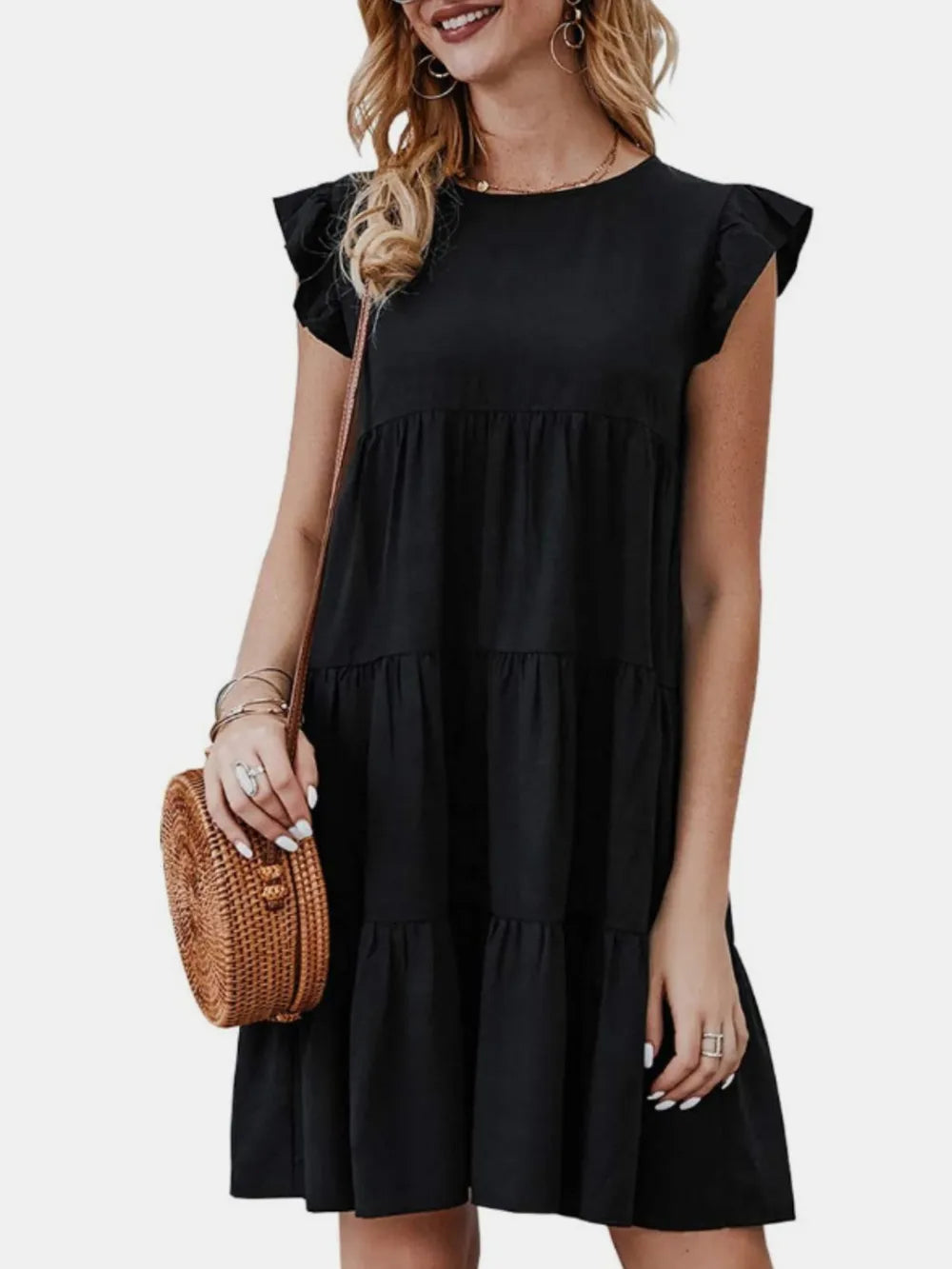 Gerüschtes Rundhals-Minikleid mit Kappenärmeln