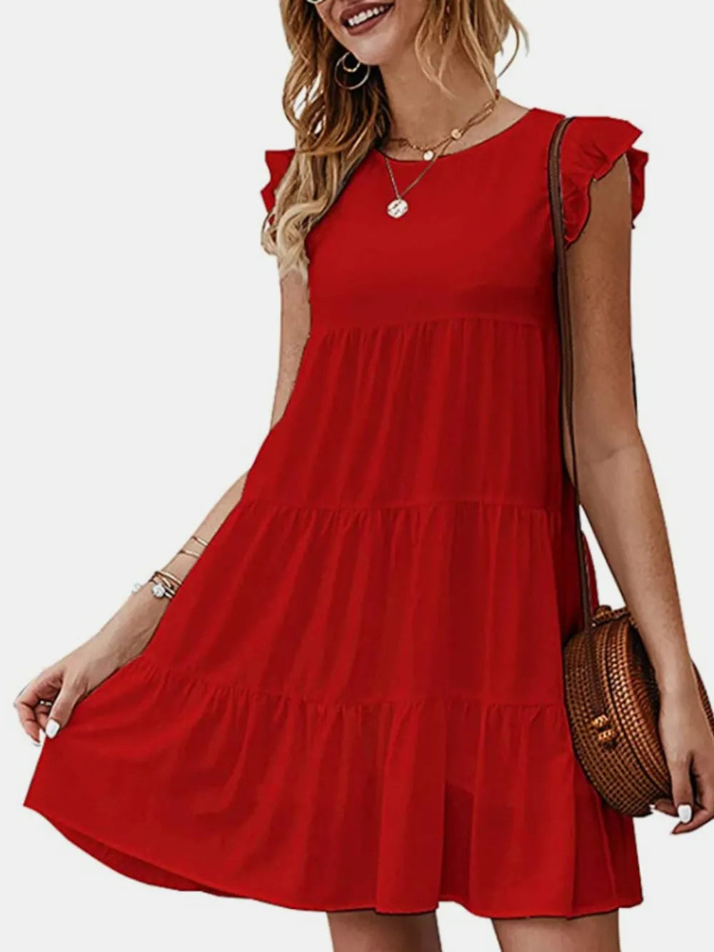 Gerüschtes Rundhals-Minikleid mit Kappenärmeln