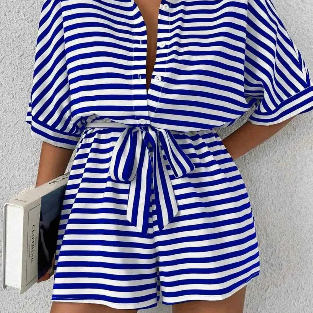 Striped Collared Neck Tie Waist Romper