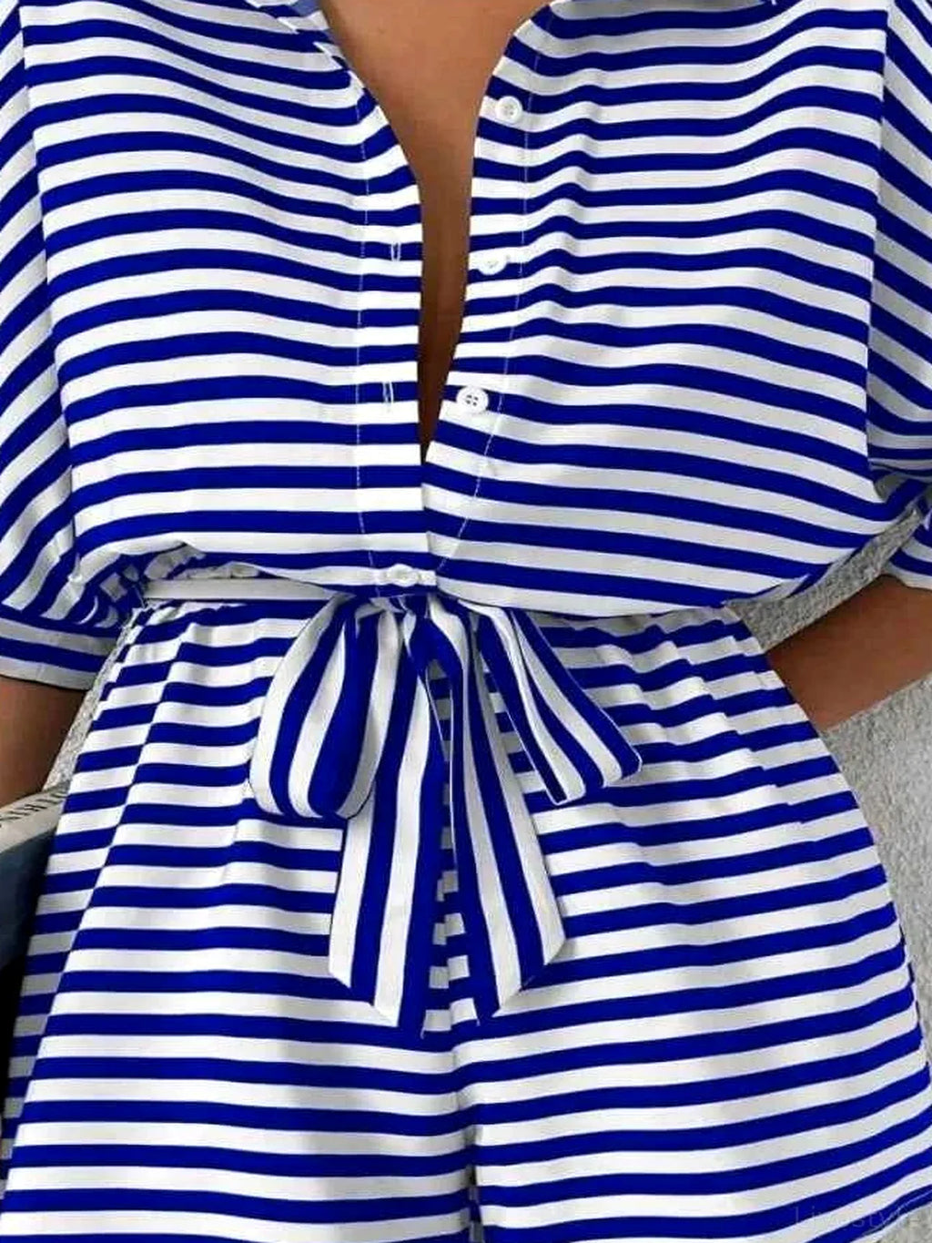 Striped Collared Neck Tie Waist Romper