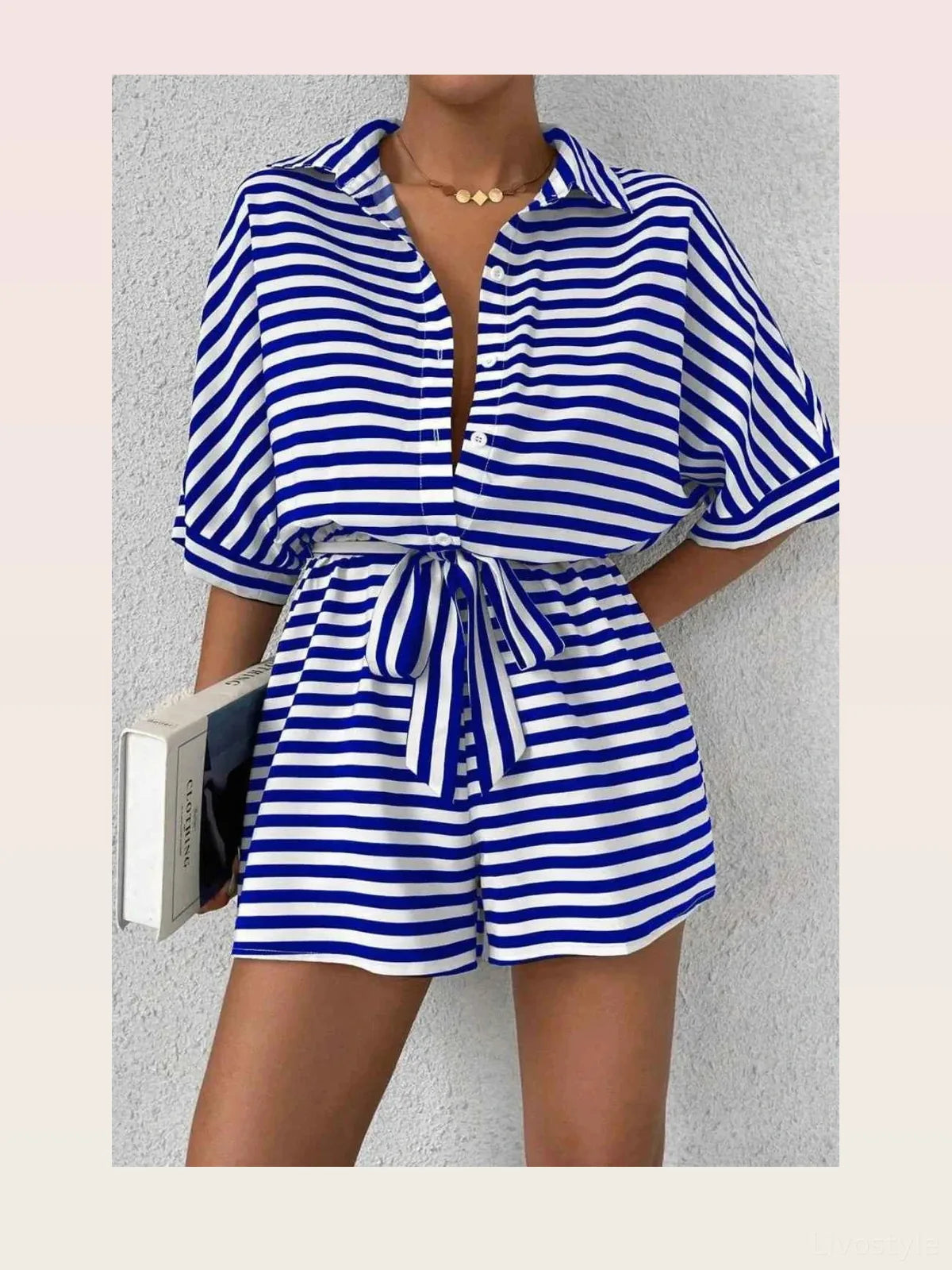 Striped Collared Neck Tie Waist Romper