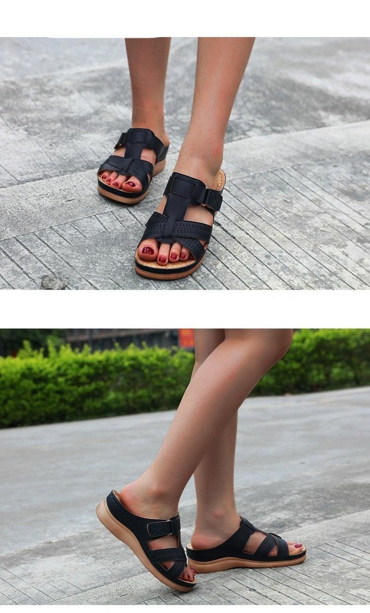 Summer Women Sandals Open Toe Sandals Vintage Anti Slip Leather Casual Platform Retro Shoes Sandals Comfy Peep Toe Slides Sandals Vintage Indoor Outdoor Summer Beach Slippers