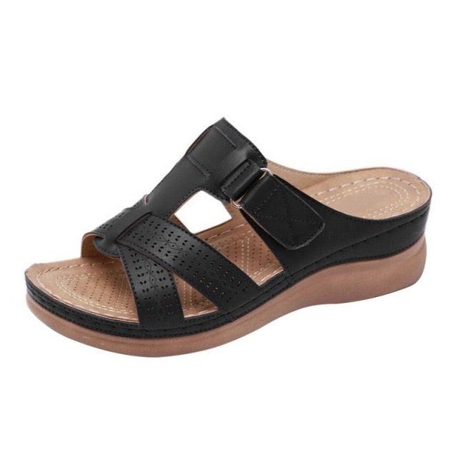 Summer Women Sandals Quality Open Toe Sandals Vintage Anti-slip Leather Casual Platform Retro Shoes Women Casual Sandals With Arch Support Straps Slip-On Sandals Outdoor Light Weight Sandals