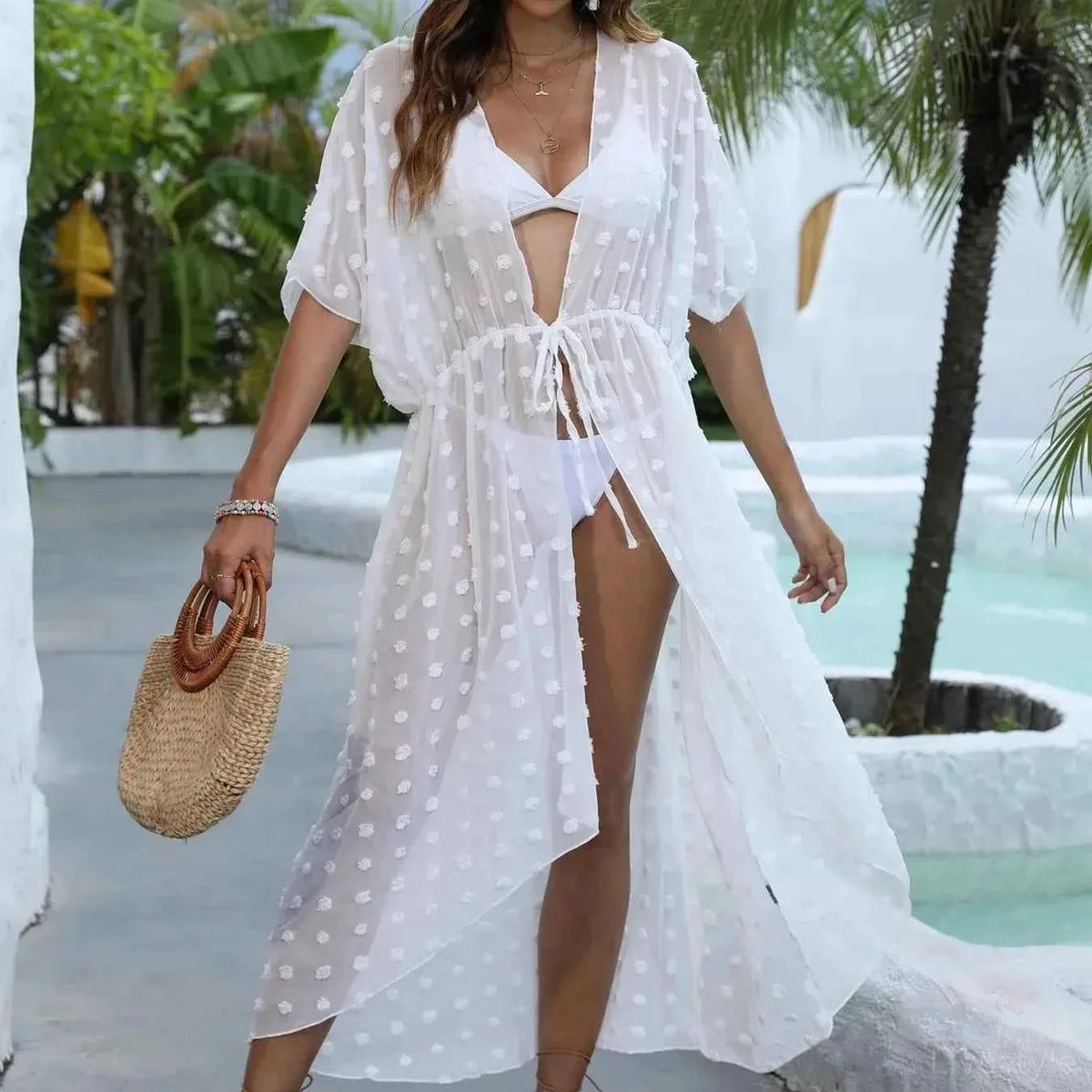 Swiss Dot Sheer Beach Cover Up Maxi Dress