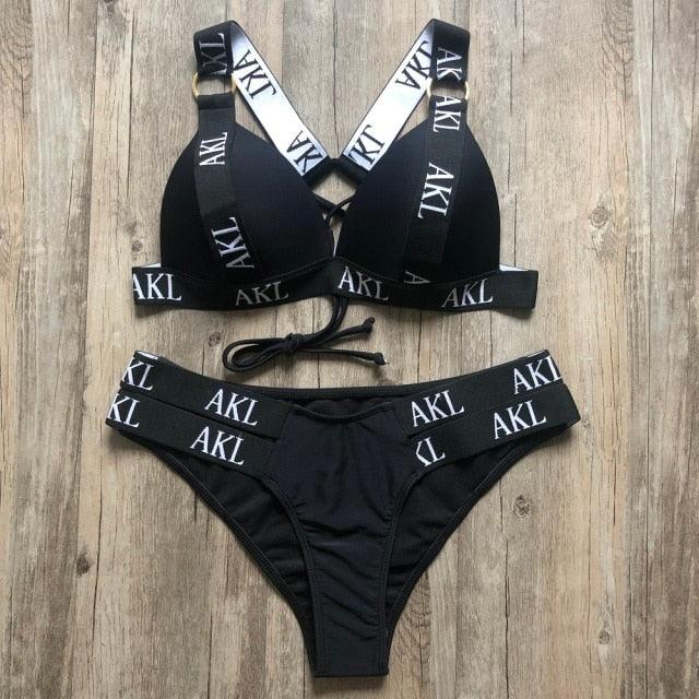 Luxury Black White Push Up Halter Bandage Bikini Set by Stevvex