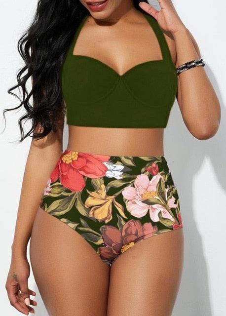 Women's Padded Bra Bikini Two-Piece Swimsuit High Waist with green top and green pink floral bottton